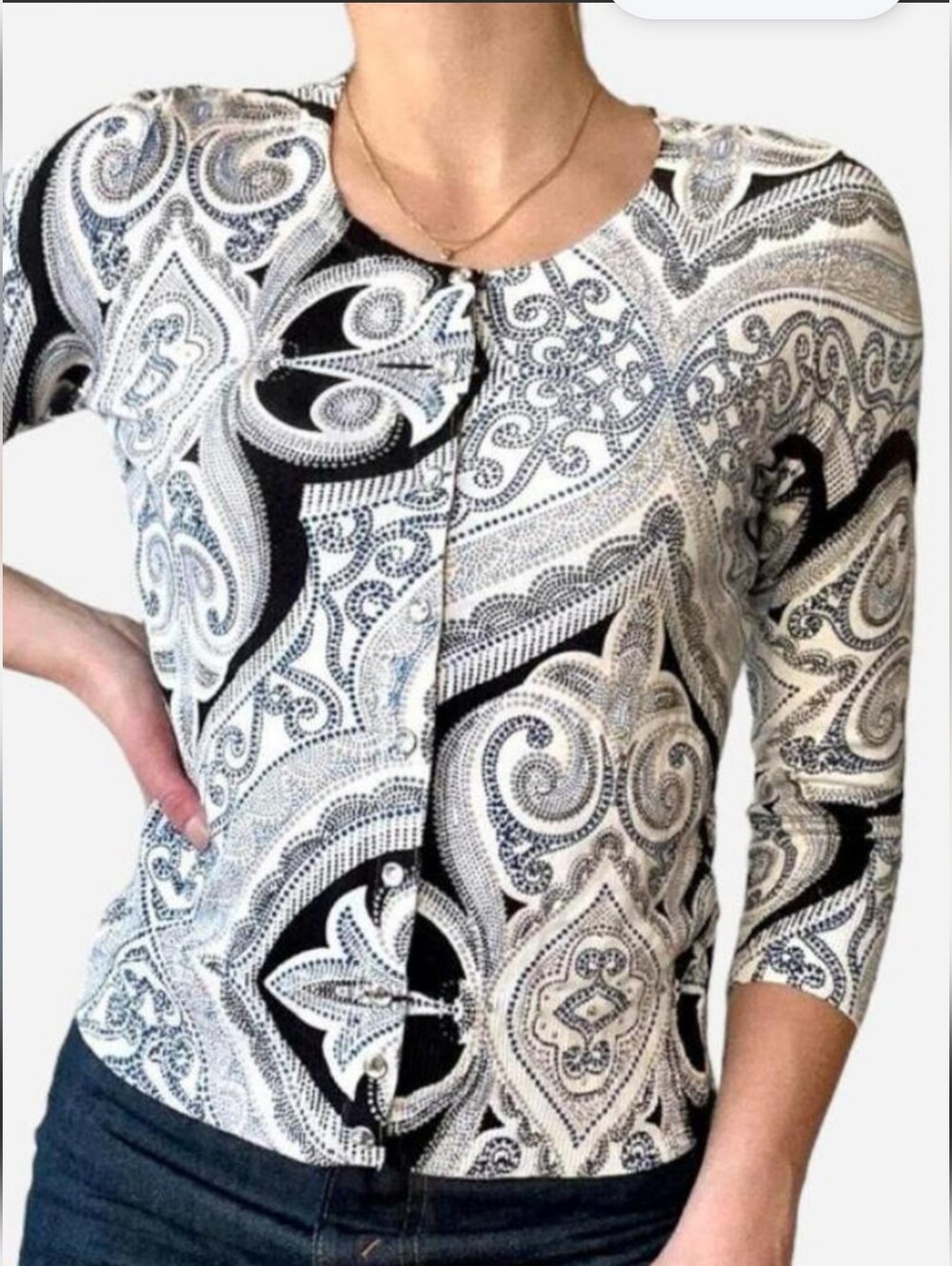 White House Black Market Blue Black and White Paisley Button-Front Blouse